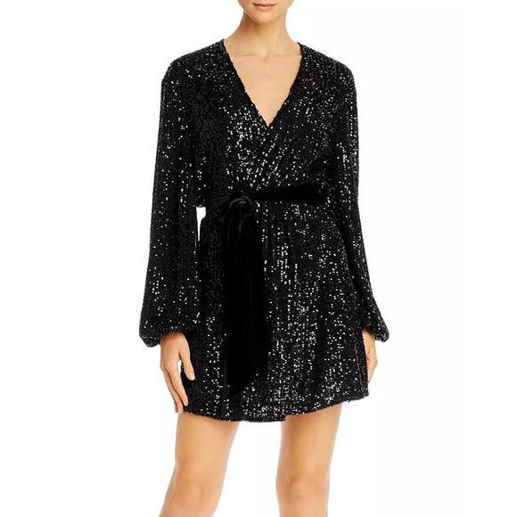 Jay Godfrey Women's Size 8 Black Sequined Polly Mini Wrap Dress - Picture 1 of 8